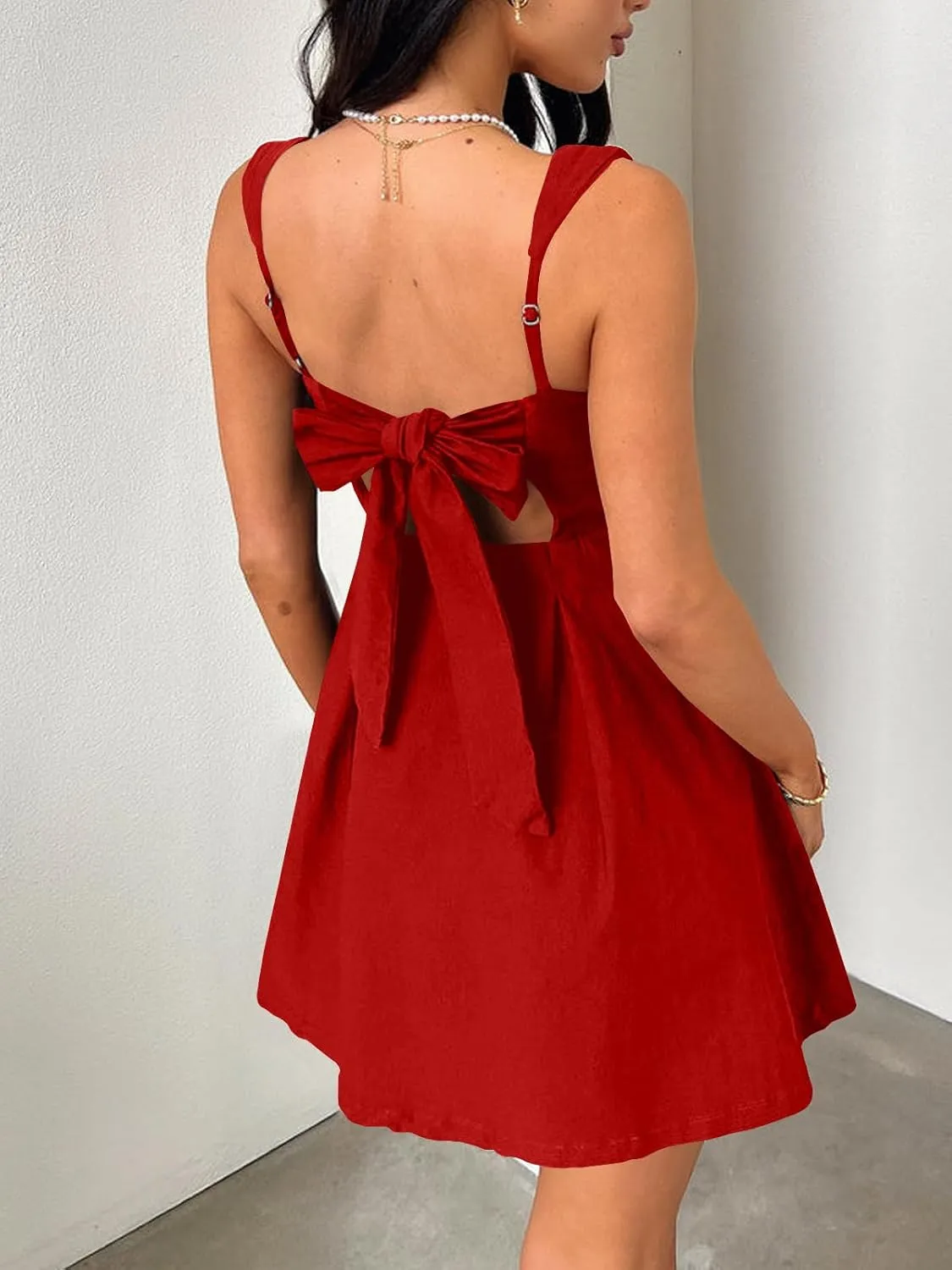 Womens 2025 Summer Square Neck Dress Bow A-line Backless Mini Party Short Sleeveless Dress