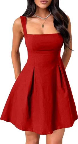 Womens 2025 Summer Square Neck Dress Bow A-line Backless Mini Party Short Sleeveless Dress
