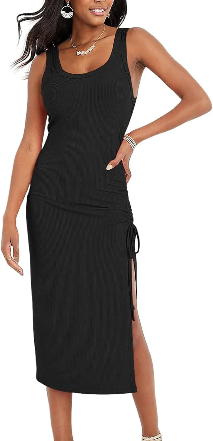 Womens Sexy Side Slit Drawstring Ruched Bodycon Casual Sun Maxi Dresses Sleeveless Ribbed Knit Tank Dress