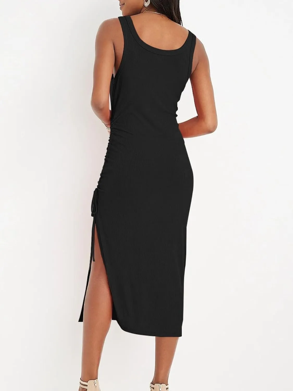 Womens Sexy Side Slit Drawstring Ruched Bodycon Casual Sun Maxi Dresses Sleeveless Ribbed Knit Tank Dress