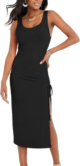 Womens Sexy Side Slit Drawstring Ruched Bodycon Casual Sun Maxi Dresses Sleeveless Ribbed Knit Tank Dress