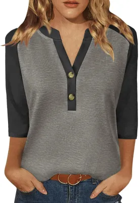 Womens Tops 3/4 Sleeve Button Down Raglan Shirts V Neck Color Block Loose Casual Basic Tees