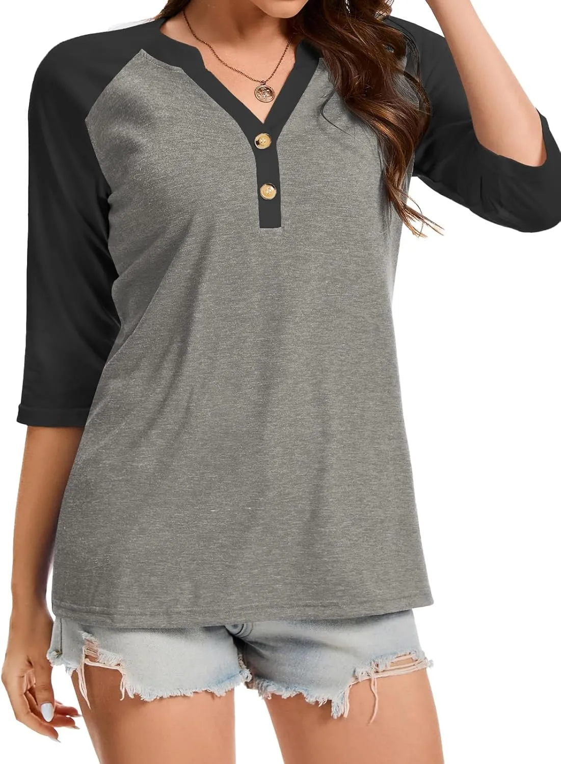 Womens Tops 3/4 Sleeve Button Down Raglan Shirts V Neck Color Block Loose Casual Basic Tees