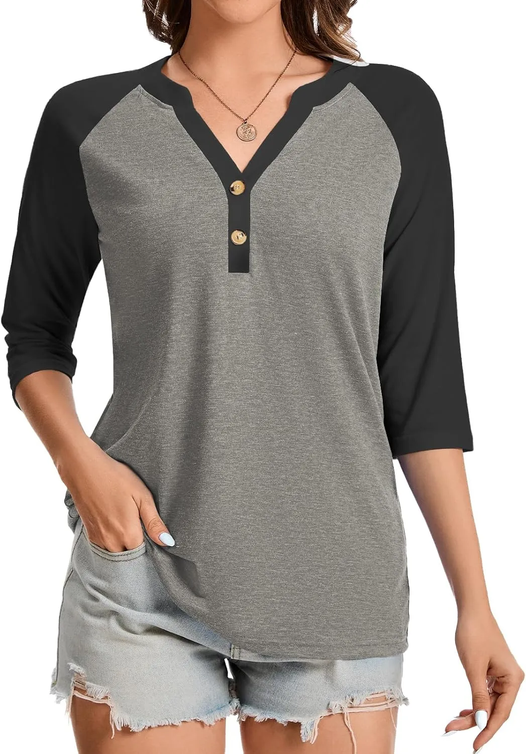 Womens Tops 3/4 Sleeve Button Down Raglan Shirts V Neck Color Block Loose Casual Basic Tees