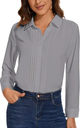 YAMANMAN Womens Button Down Shirts Long Sleeve Casual Chiffon Blouses Loose Pleated Collared Work Office Tops