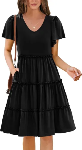 Zeagoo Summer Tiered Mini Dress with Pockets Ruffle Sleeve V-Neck Casual Dress A Line Boho Flowy Sundress 2025 Vacation