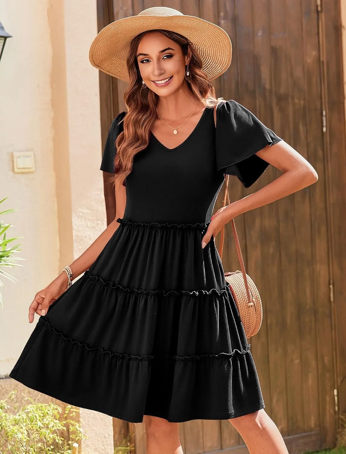 Zeagoo Summer Tiered Mini Dress with Pockets Ruffle Sleeve V-Neck Casual Dress A Line Boho Flowy Sundress 2025 Vacation